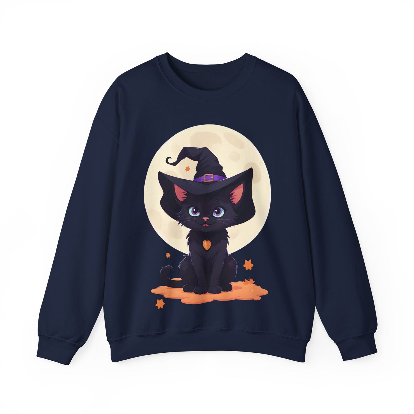 Halloween Fantasy Cute Smiling black Witch Kitten Sweatshirt, Halloween Sweatshirt, Witch Kitten Sweater, Fantasy Crewneck, Cute Halloween