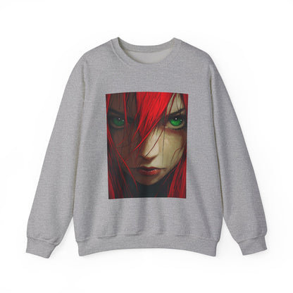 Red-Haired Anime Woman Crewneck Sweatshirt, Manga Style, Japanese Anime Gift, Green Eyed Anime Character, Asian Cartoon Apparel, Anime Fan