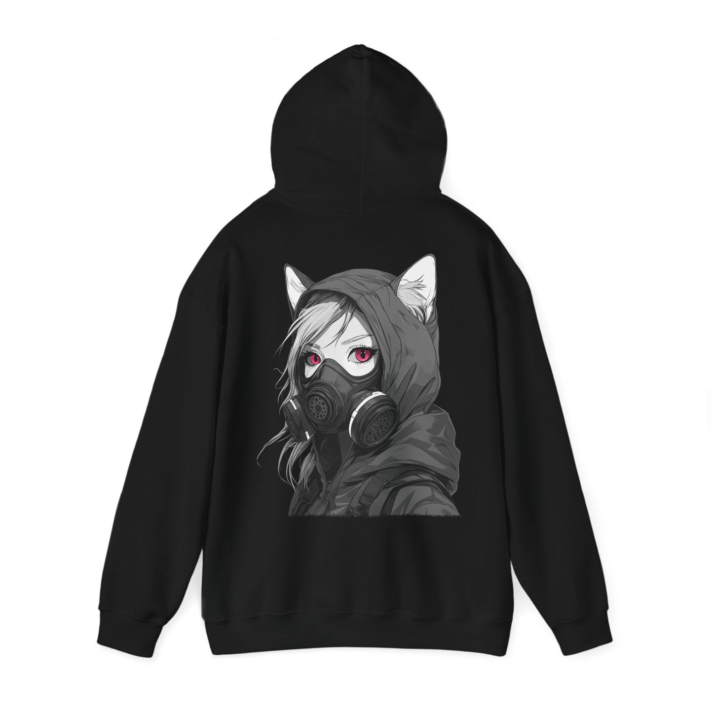 Anime Girl mit Gasmaske T-Shirt / Mask, Schwarzes Unisex Hoodie, Katzengirl Design, Geschenk für Anime- und Sci-Fi-Fans Unisex Heavy Blend™