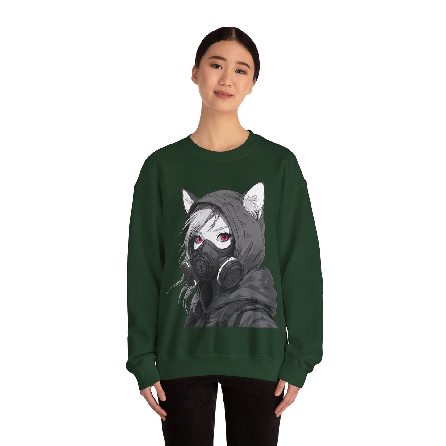 Future Anime Girl mit Gasmaske Sweatshirt /Schwarzes Unisex Streetwear Shirt, Katzengirl Design, Geschenk für Anime- und Sci-Fi-Fans