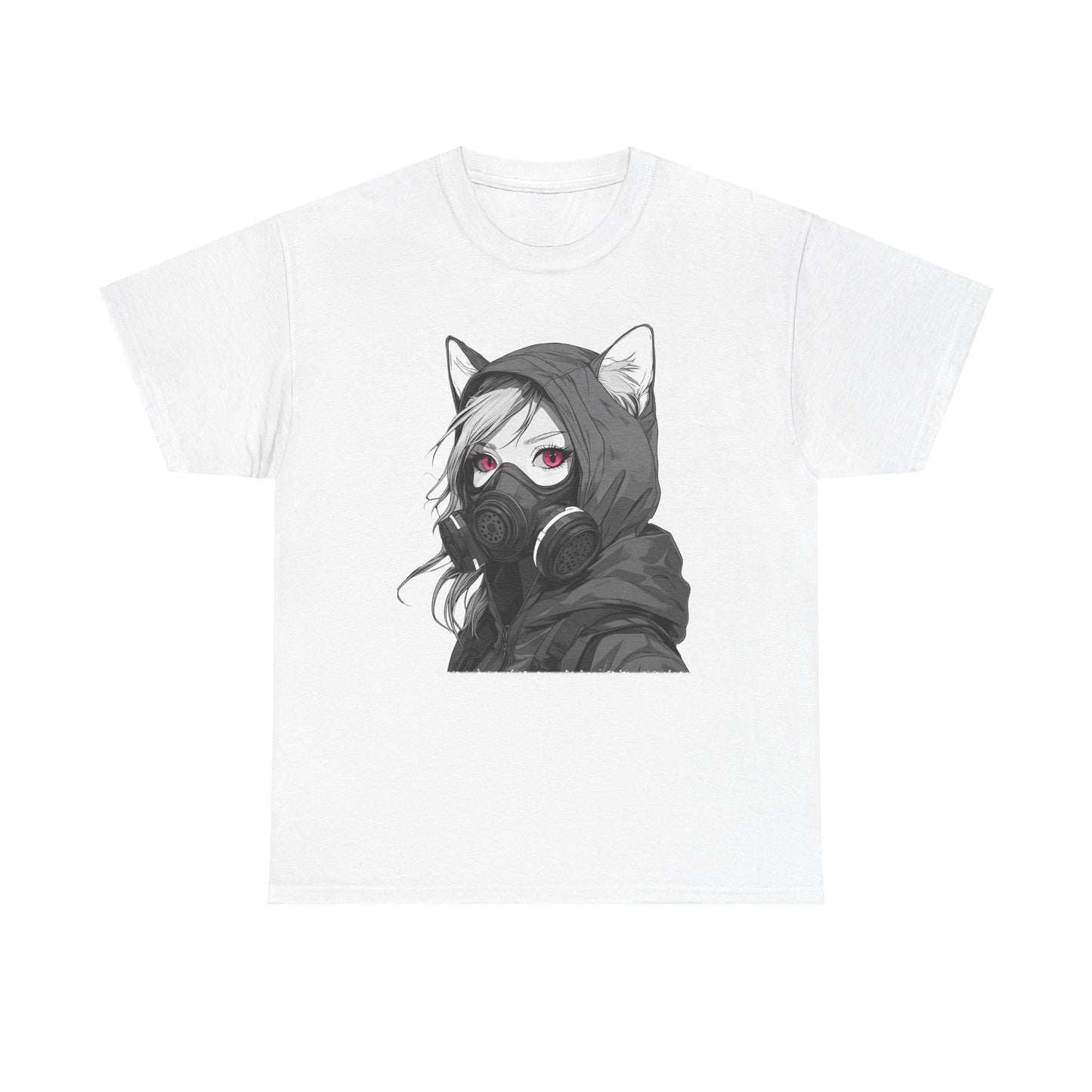 Futuristisches Anime Girl mit Gasmaske T-Shirt / Schwarzes Unisex Streetwear Shirt, Katzengirl Design, Geschenk für Anime- und Sci-Fi-Fans