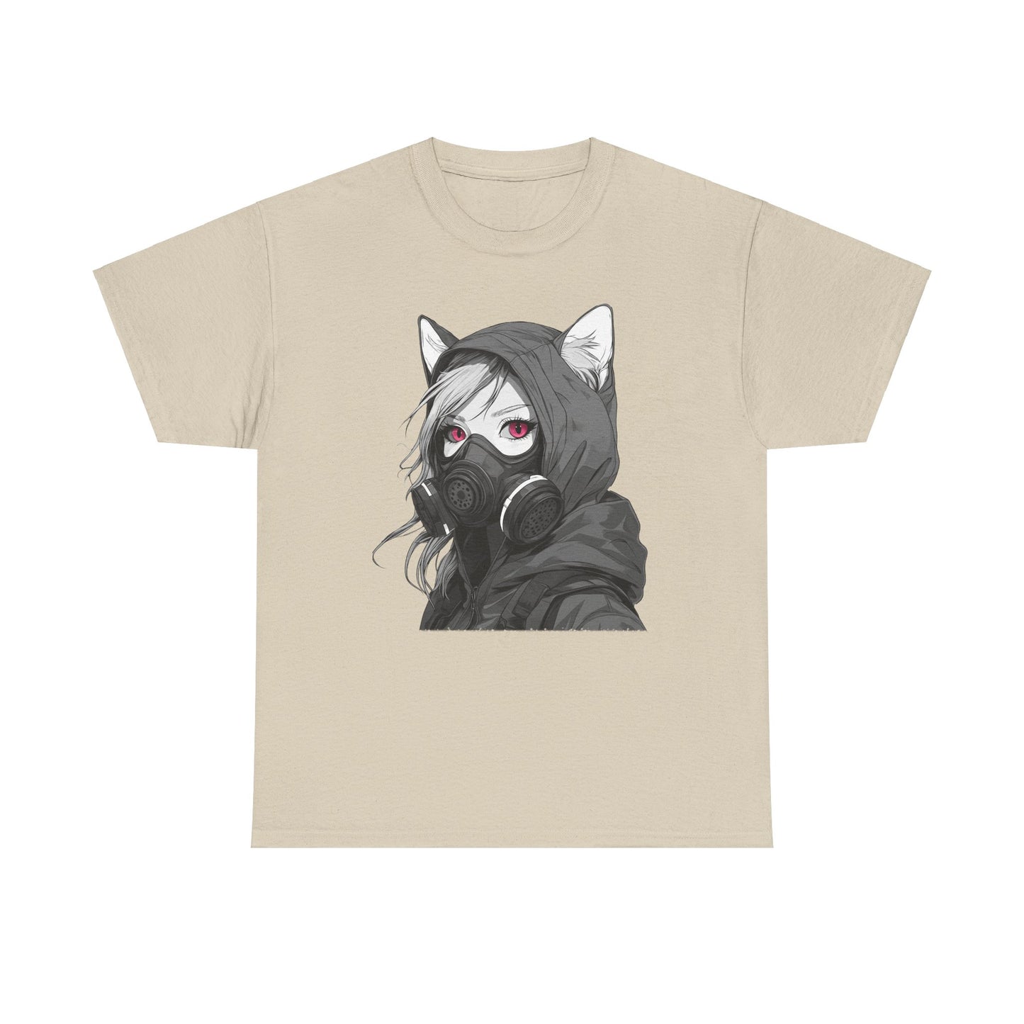 Futuristisches Anime Girl mit Gasmaske T-Shirt / Schwarzes Unisex Streetwear Shirt, Katzengirl Design, Geschenk für Anime- und Sci-Fi-Fans