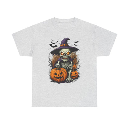 Halloween Pumpkin Skeleton Witch Tee, Spooky Unisex T-Shirt, Fall Season Shirt, Jack-O-Lantern Costume Top, Autumn Witch Theme Apparel