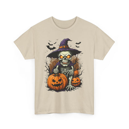 Halloween Pumpkin Skeleton Witch Tee, Spooky Unisex T-Shirt, Fall Season Shirt, Jack-O-Lantern Costume Top, Autumn Witch Theme Apparel