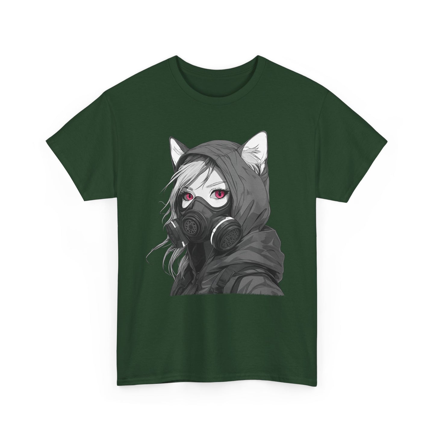 Futuristisches Anime Girl mit Gasmaske T-Shirt / Schwarzes Unisex Streetwear Shirt, Katzengirl Design, Geschenk für Anime- und Sci-Fi-Fans