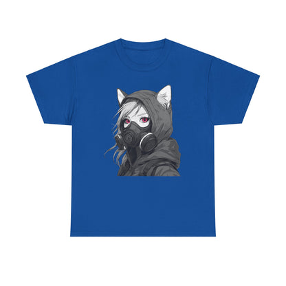 Futuristisches Anime Girl mit Gasmaske T-Shirt / Schwarzes Unisex Streetwear Shirt, Katzengirl Design, Geschenk für Anime- und Sci-Fi-Fans