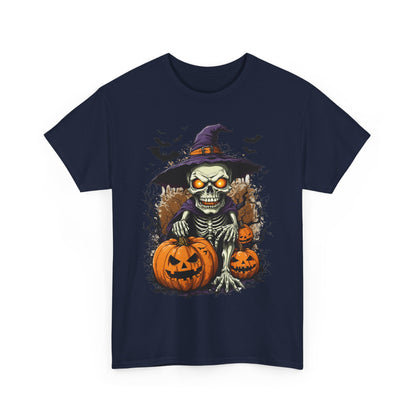 Halloween Pumpkin Skeleton Witch Tee, Spooky Unisex T-Shirt, Fall Season Shirt, Jack-O-Lantern Costume Top, Autumn Witch Theme Apparel