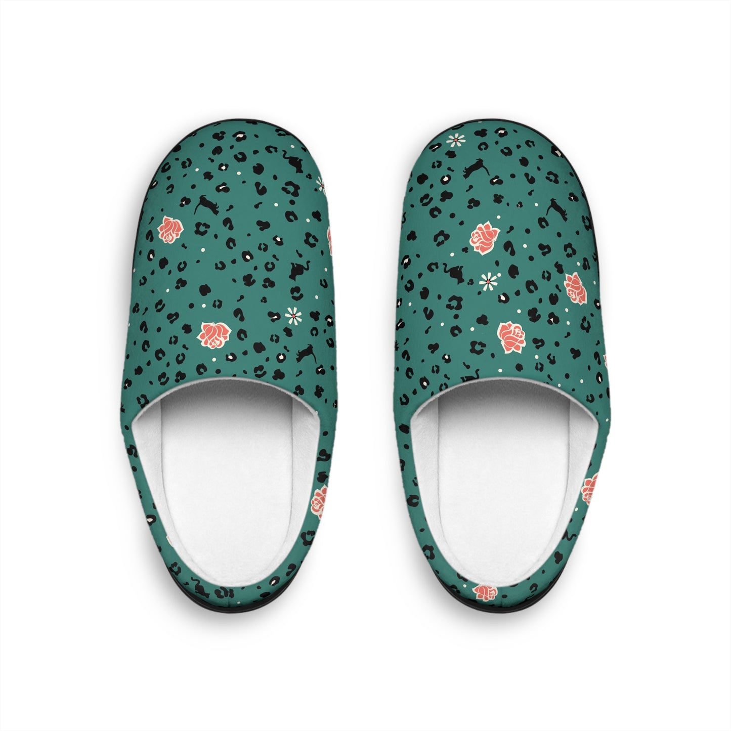 Green Flower Cat Leo allover Women's Indoor Slippers /Gift / Catlover / Animal Lover /Leopart Cat Allover