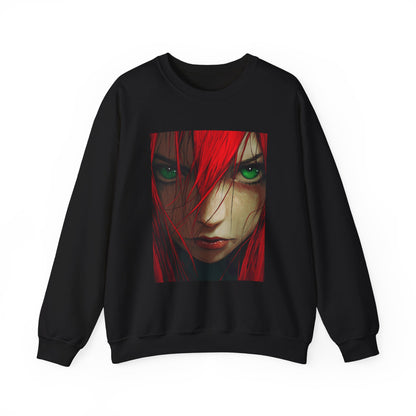 Red-Haired Anime Woman Crewneck Sweatshirt, Manga Style, Japanese Anime Gift, Green Eyed Anime Character, Asian Cartoon Apparel, Anime Fan