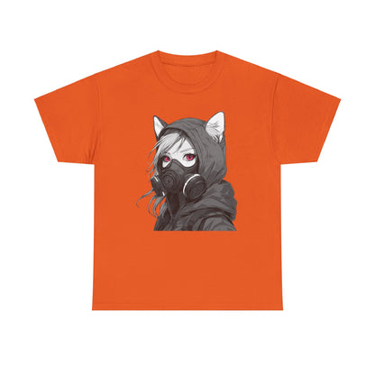 Futuristisches Anime Girl mit Gasmaske T-Shirt / Schwarzes Unisex Streetwear Shirt, Katzengirl Design, Geschenk für Anime- und Sci-Fi-Fans