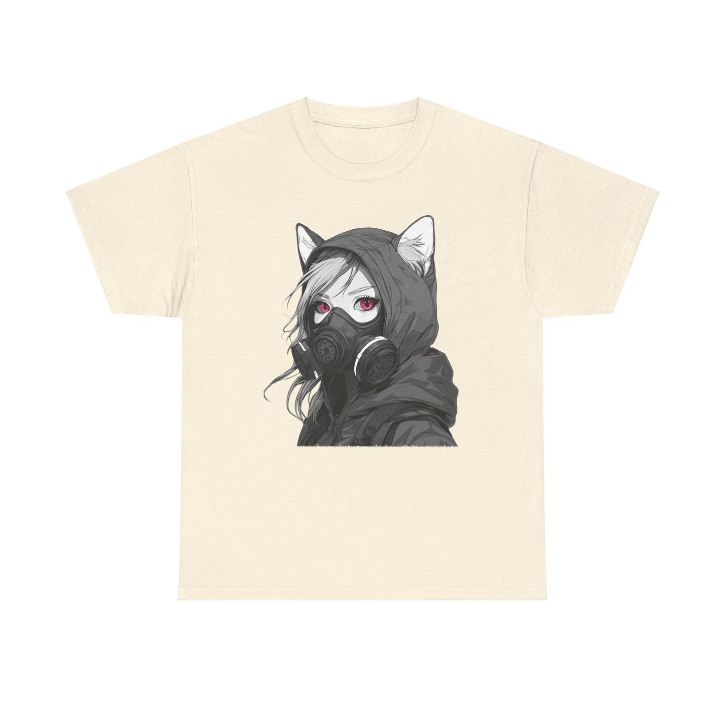 Futuristisches Anime Girl mit Gasmaske T-Shirt / Schwarzes Unisex Streetwear Shirt, Katzengirl Design, Geschenk für Anime- und Sci-Fi-Fans