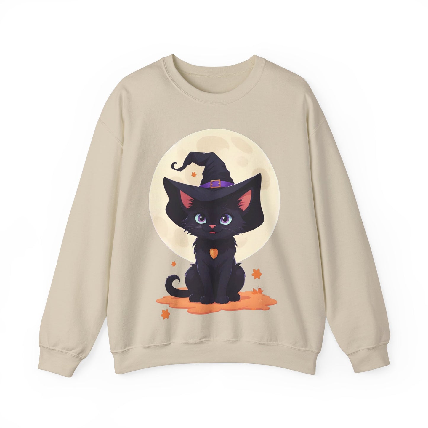 Halloween Fantasy Cute Smiling black Witch Kitten Sweatshirt, Halloween Sweatshirt, Witch Kitten Sweater, Fantasy Crewneck, Cute Halloween