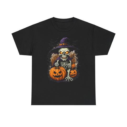 Halloween Pumpkin Skeleton Witch Tee, Spooky Unisex T-Shirt, Fall Season Shirt, Jack-O-Lantern Costume Top, Autumn Witch Theme Apparel