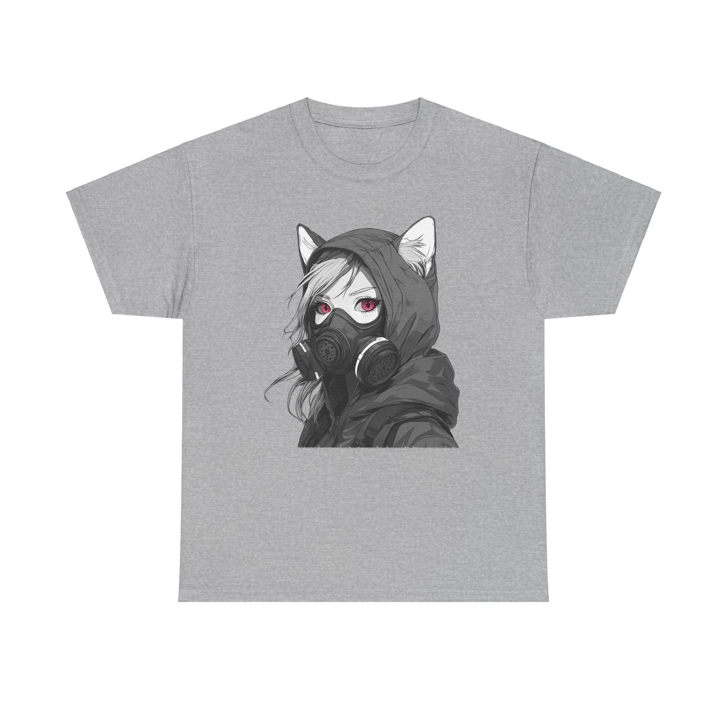 Futuristisches Anime Girl mit Gasmaske T-Shirt / Schwarzes Unisex Streetwear Shirt, Katzengirl Design, Geschenk für Anime- und Sci-Fi-Fans