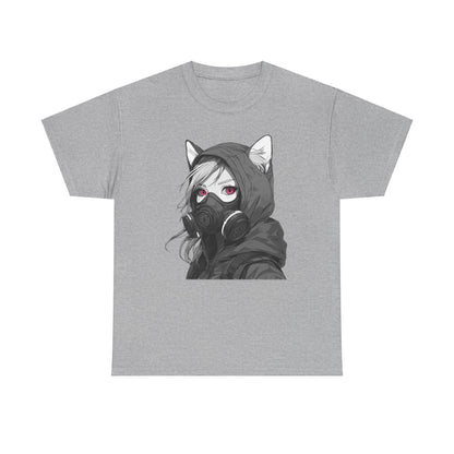 Futuristisches Anime Girl mit Gasmaske T-Shirt / Schwarzes Unisex Streetwear Shirt, Katzengirl Design, Geschenk für Anime- und Sci-Fi-Fans