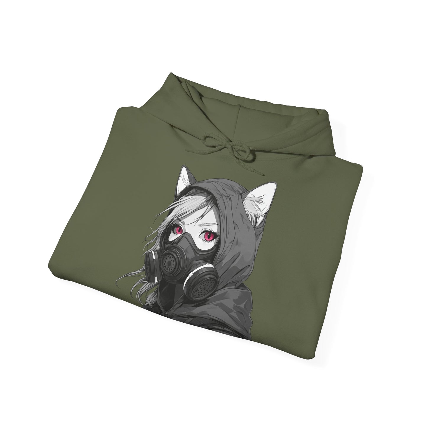 Anime Girl mit Gasmaske T-Shirt / Mask, Schwarzes Unisex Hoodie, Katzengirl Design, Geschenk für Anime- und Sci-Fi-Fans Unisex Heavy Blend™