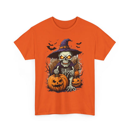 Halloween Pumpkin Skeleton Witch Tee, Spooky Unisex T-Shirt, Fall Season Shirt, Jack-O-Lantern Costume Top, Autumn Witch Theme Apparel