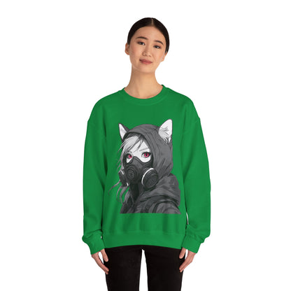 Future Anime Girl mit Gasmaske Sweatshirt /Schwarzes Unisex Streetwear Shirt, Katzengirl Design, Geschenk für Anime- und Sci-Fi-Fans