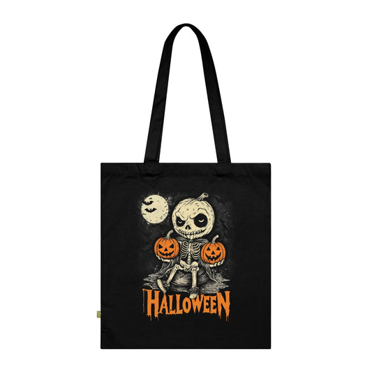 Halloween Pumpkin little Skull Organic Cotton Tote Bag, Trick or Treat Halloween Pumpkin little Skull , Eco-Friendly Market Bag