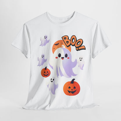 Halloween Cute Smiling Ghost Unisex Heavy Cotton Tee, Halloween Shirt, Spooky Ghost Tee, Halloween Costume, Halloween Party, Halloween Gift