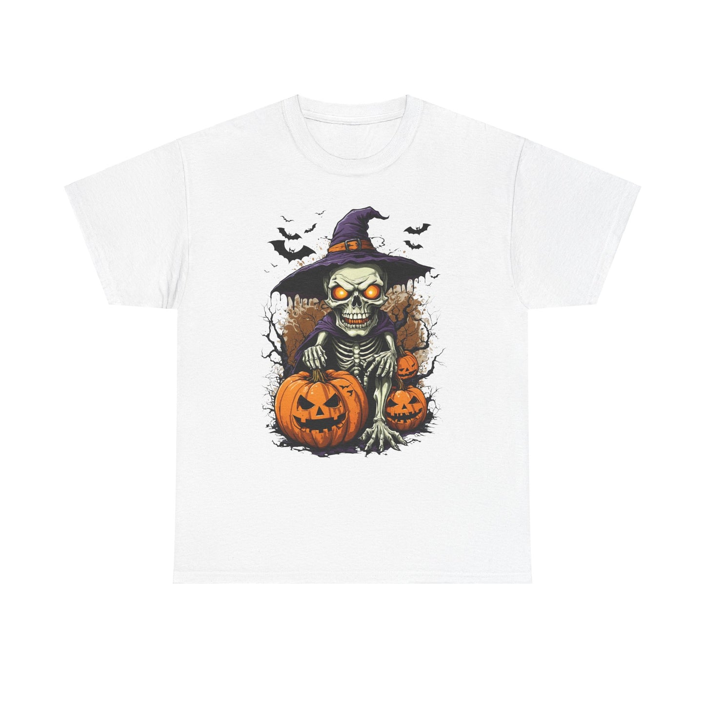 Halloween Pumpkin Skeleton Witch Tee, Spooky Unisex T-Shirt, Fall Season Shirt, Jack-O-Lantern Costume Top, Autumn Witch Theme Apparel