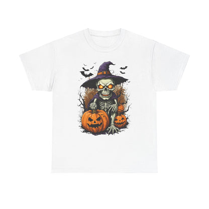 Halloween Pumpkin Skeleton Witch Tee, Spooky Unisex T-Shirt, Fall Season Shirt, Jack-O-Lantern Costume Top, Autumn Witch Theme Apparel