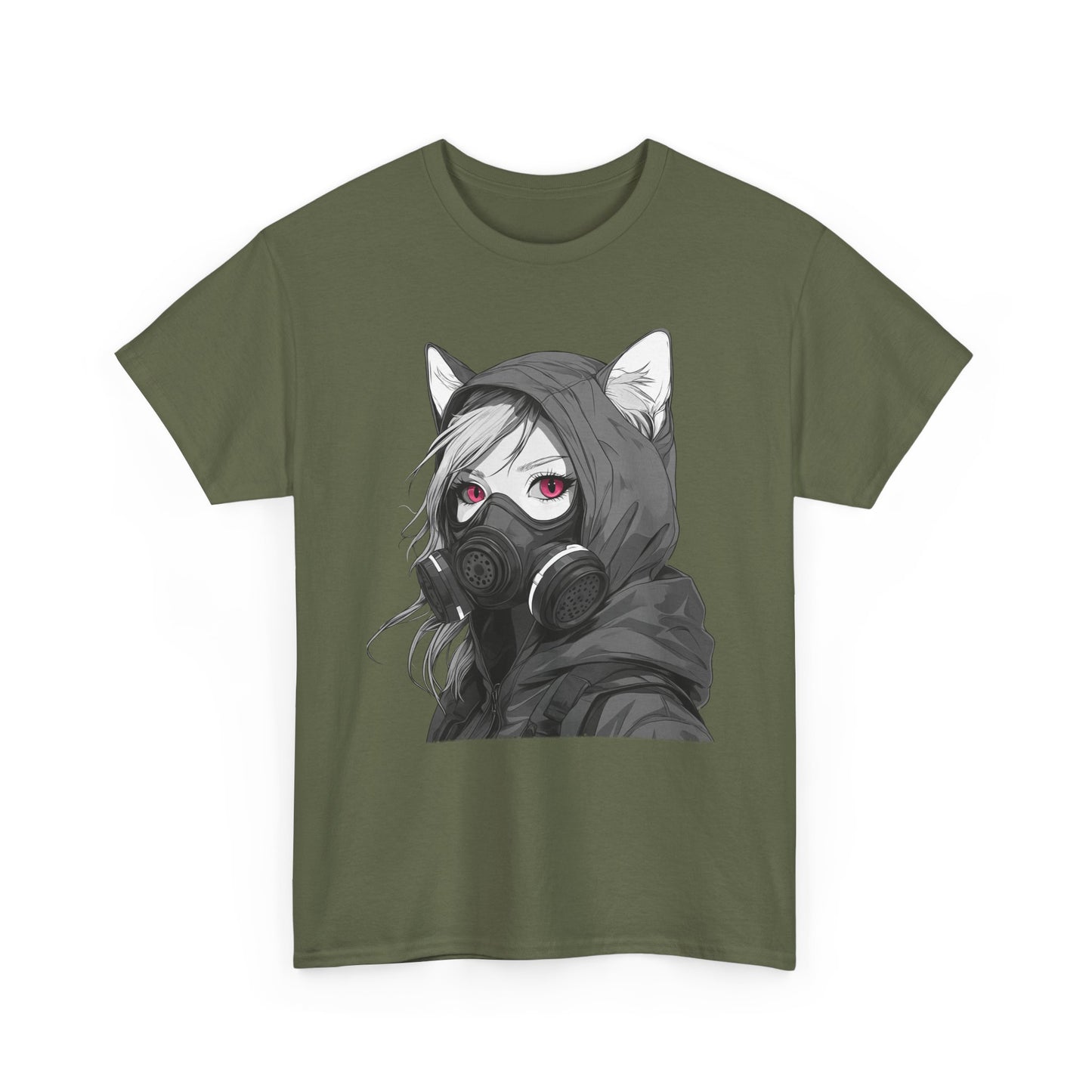 Futuristisches Anime Girl mit Gasmaske T-Shirt / Schwarzes Unisex Streetwear Shirt, Katzengirl Design, Geschenk für Anime- und Sci-Fi-Fans