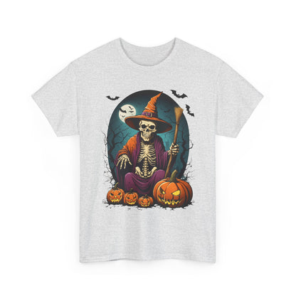 Halloween Pumpkin Skeleton Witch Tee, Spooky Unisex T-Shirt, Fall Season Shirt, Jack-O-Lantern Costume Top, Autumn Witch Theme Apparel