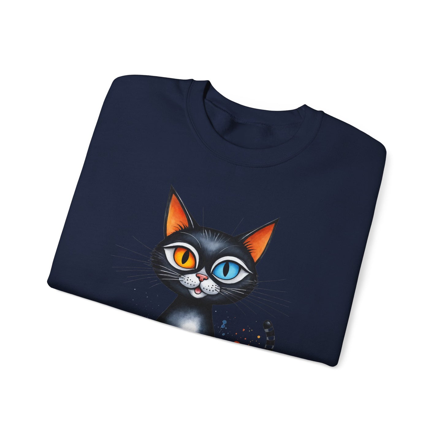 Buntes Katzen Sweatshirt / Schwarze Katze mit heterochromen Augen / Lustiger Katzenpullover / Geschenk / Katzenliebhaber