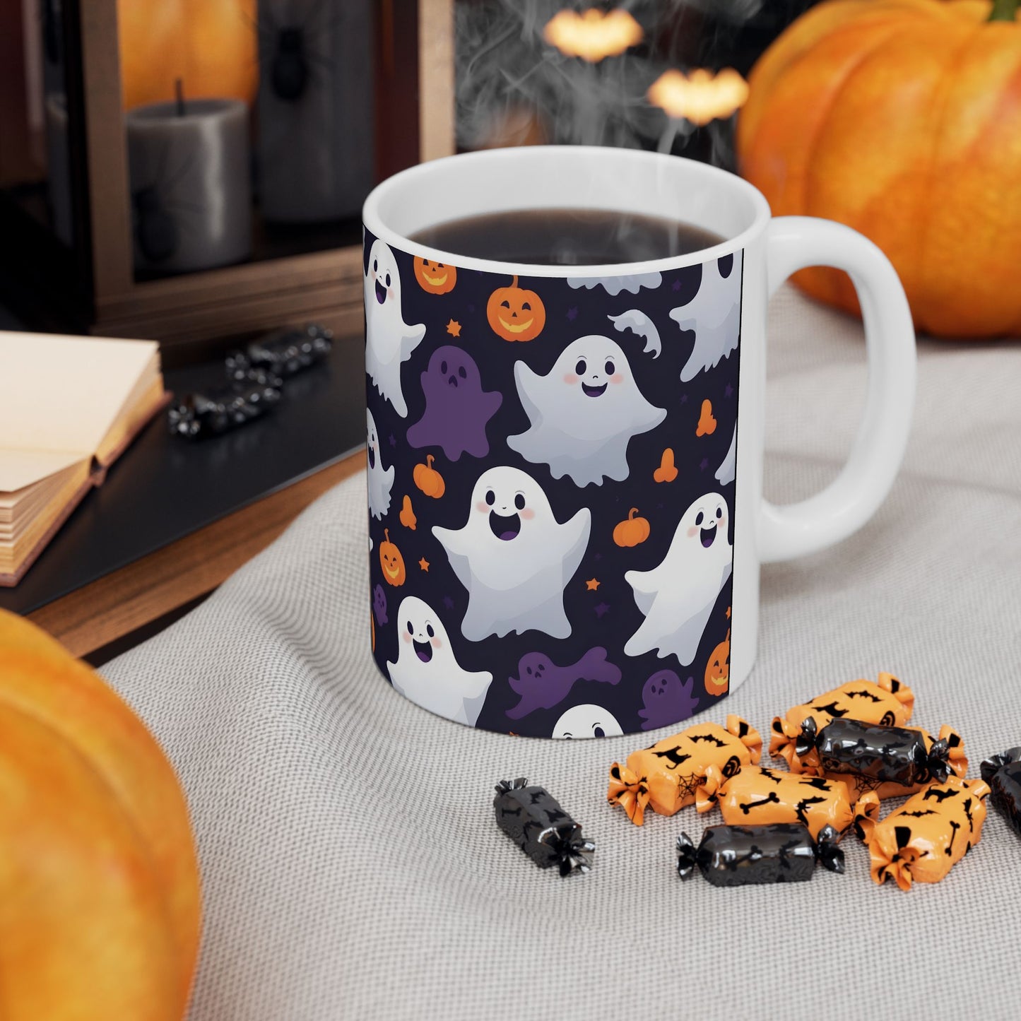 Ceramic Mug, Halloween Cute Ghost & Pumpkins, Spooky Coffee Cup, Halloween Mug, Ghost Pumpkin Mug, Fall Drinkware, Halloween Decor,