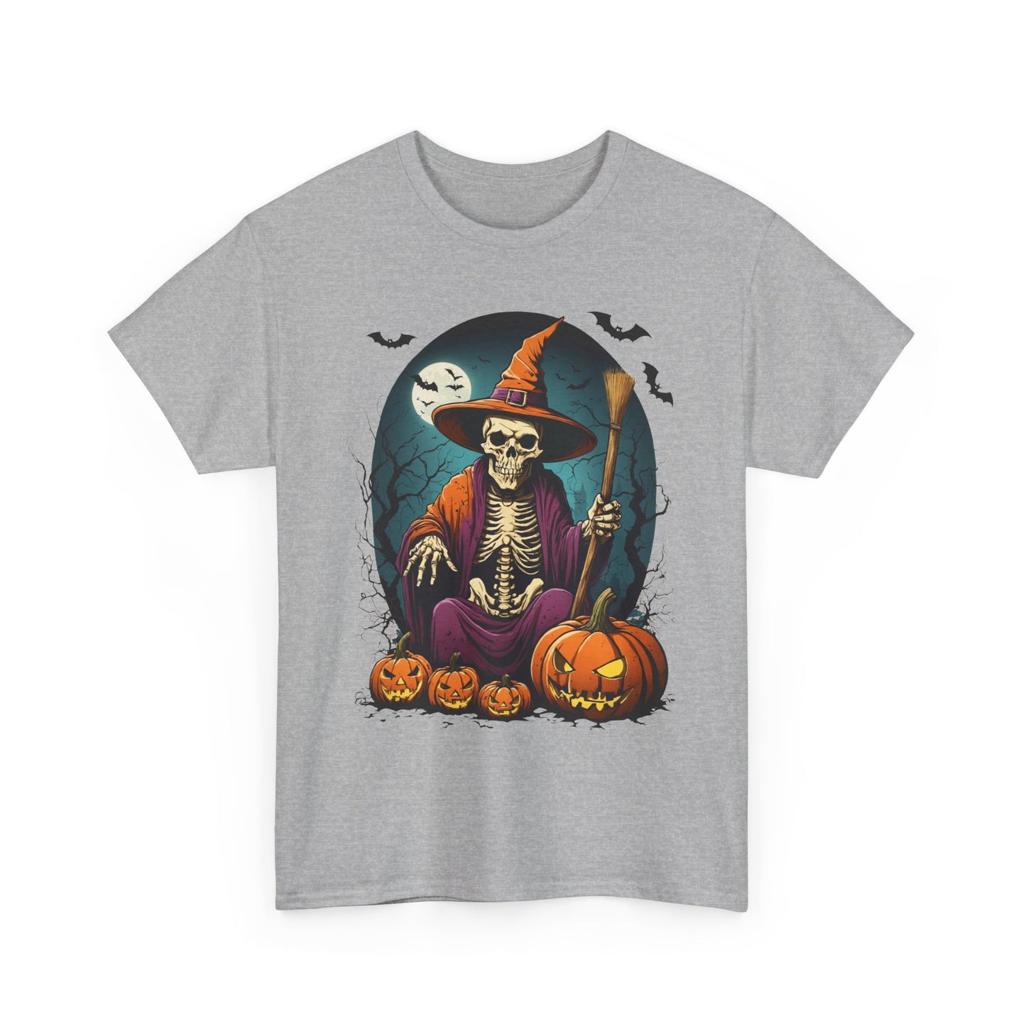 Halloween Pumpkin Skeleton Witch Tee, Spooky Unisex T-Shirt, Fall Season Shirt, Jack-O-Lantern Costume Top, Autumn Witch Theme Apparel