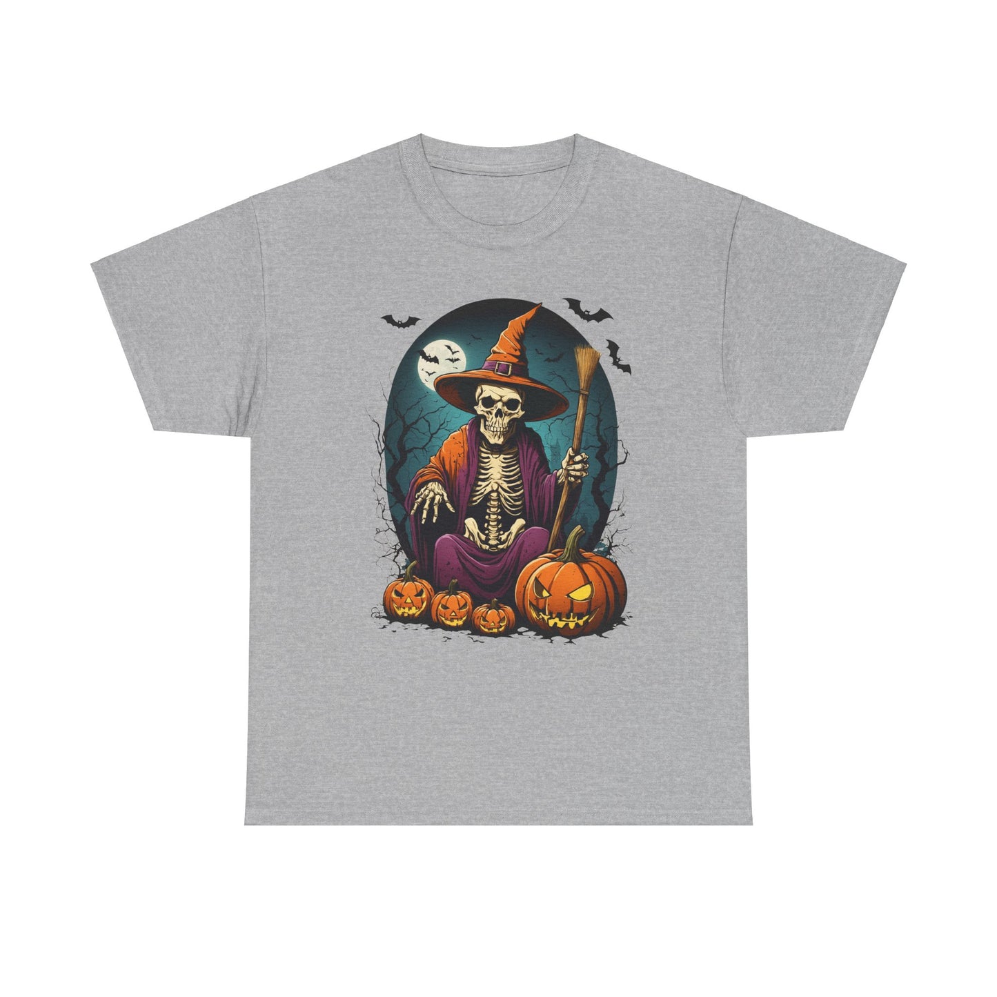 Halloween Pumpkin Skeleton Witch Tee, Spooky Unisex T-Shirt, Fall Season Shirt, Jack-O-Lantern Costume Top, Autumn Witch Theme Apparel