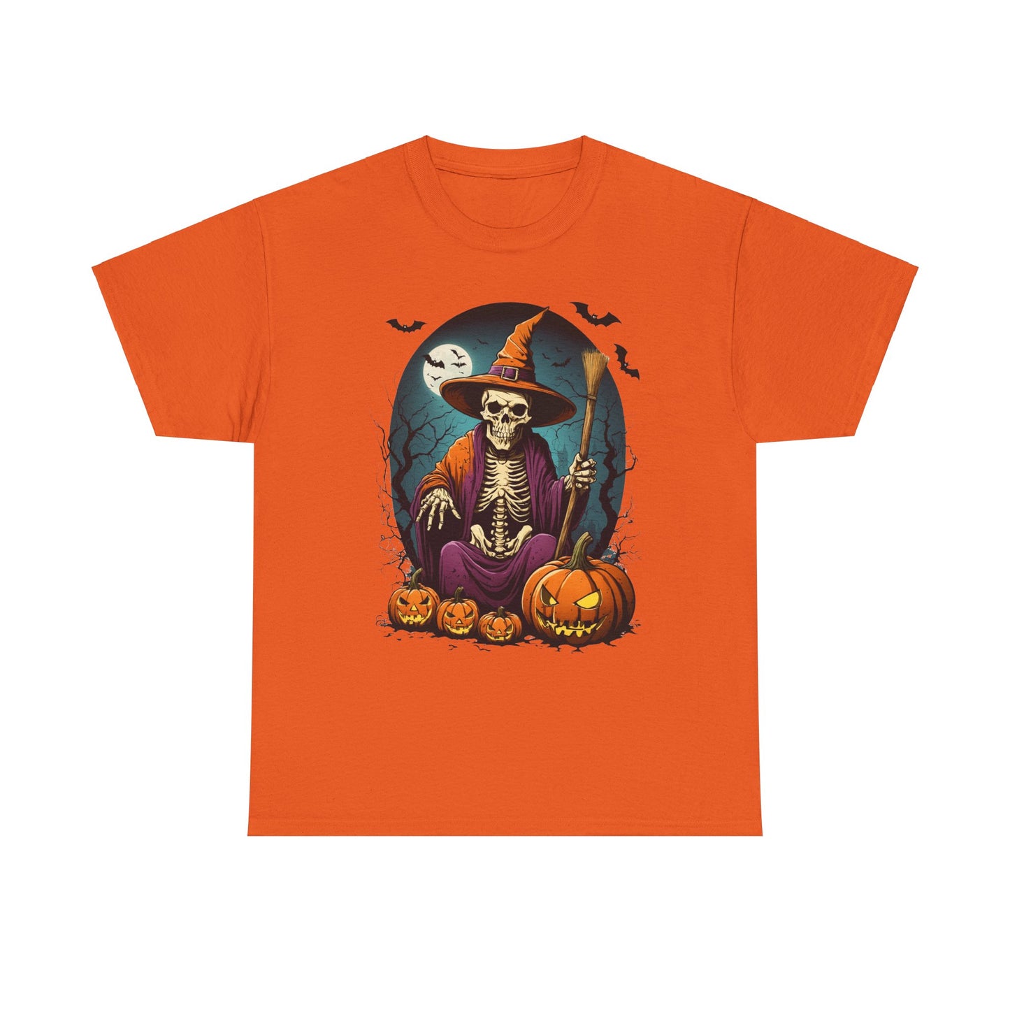 Halloween Pumpkin Skeleton Witch Tee, Spooky Unisex T-Shirt, Fall Season Shirt, Jack-O-Lantern Costume Top, Autumn Witch Theme Apparel