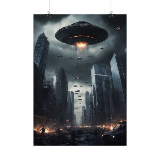 Alien Invasion Poster Retro Sci-Fi Wanddekor mit Aliens & UFOs, Vintage Alien Art Print, Futuristisches Geschenk für Sci-Fi Liebhabe