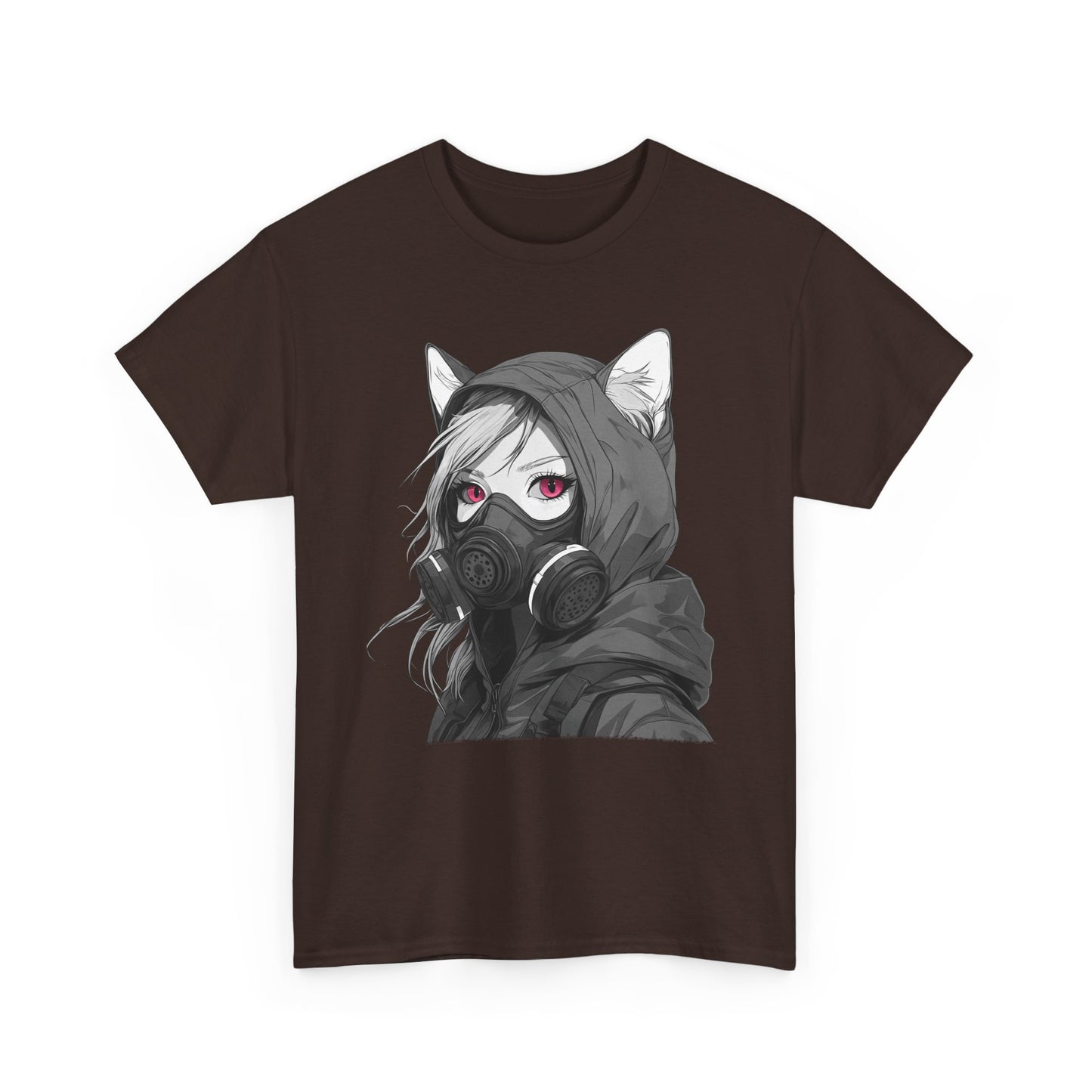 Futuristisches Anime Girl mit Gasmaske T-Shirt / Schwarzes Unisex Streetwear Shirt, Katzengirl Design, Geschenk für Anime- und Sci-Fi-Fans