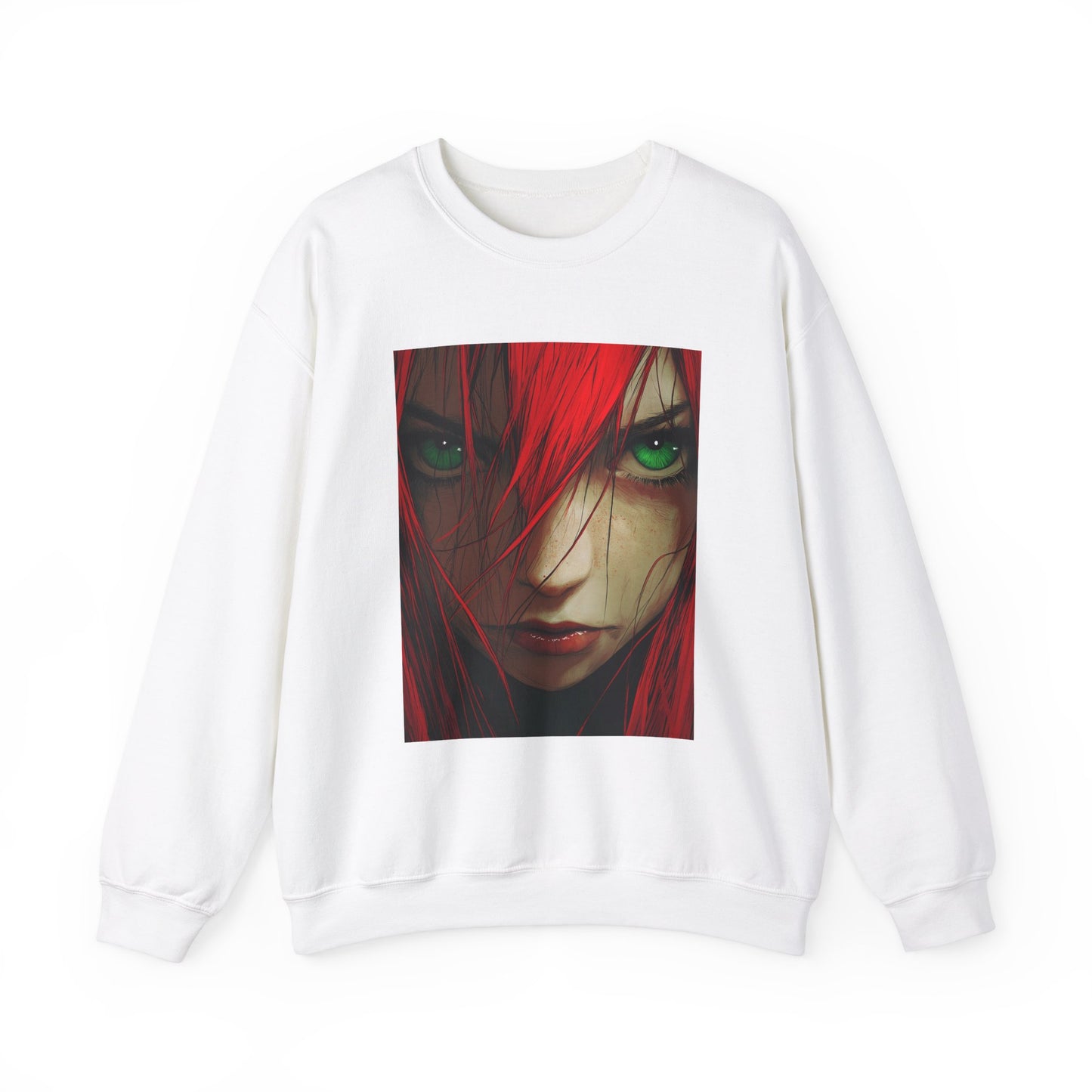 Red-Haired Anime Woman Crewneck Sweatshirt, Manga Style, Japanese Anime Gift, Green Eyed Anime Character, Asian Cartoon Apparel, Anime Fan