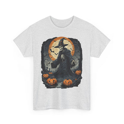 Halloween Pumpkin Skeleton Witch Tee, Spooky Unisex T-Shirt, Fall Season Shirt, Jack-O-Lantern Costume Top, Autumn Witch Theme Apparel