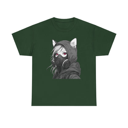 Futuristisches Anime Girl mit Gasmaske T-Shirt / Schwarzes Unisex Streetwear Shirt, Katzengirl Design, Geschenk für Anime- und Sci-Fi-Fans