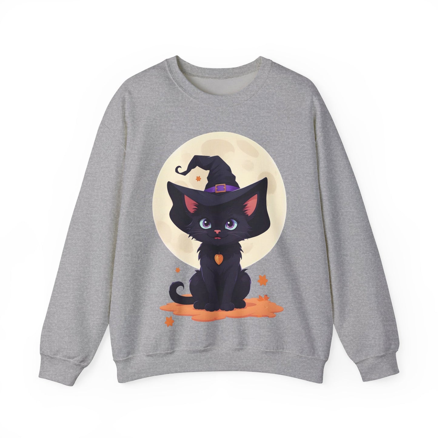 Halloween Fantasy Cute Smiling black Witch Kitten Sweatshirt, Halloween Sweatshirt, Witch Kitten Sweater, Fantasy Crewneck, Cute Halloween