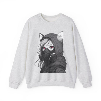 Future Anime Girl mit Gasmaske Sweatshirt /Schwarzes Unisex Streetwear Shirt, Katzengirl Design, Geschenk für Anime- und Sci-Fi-Fans