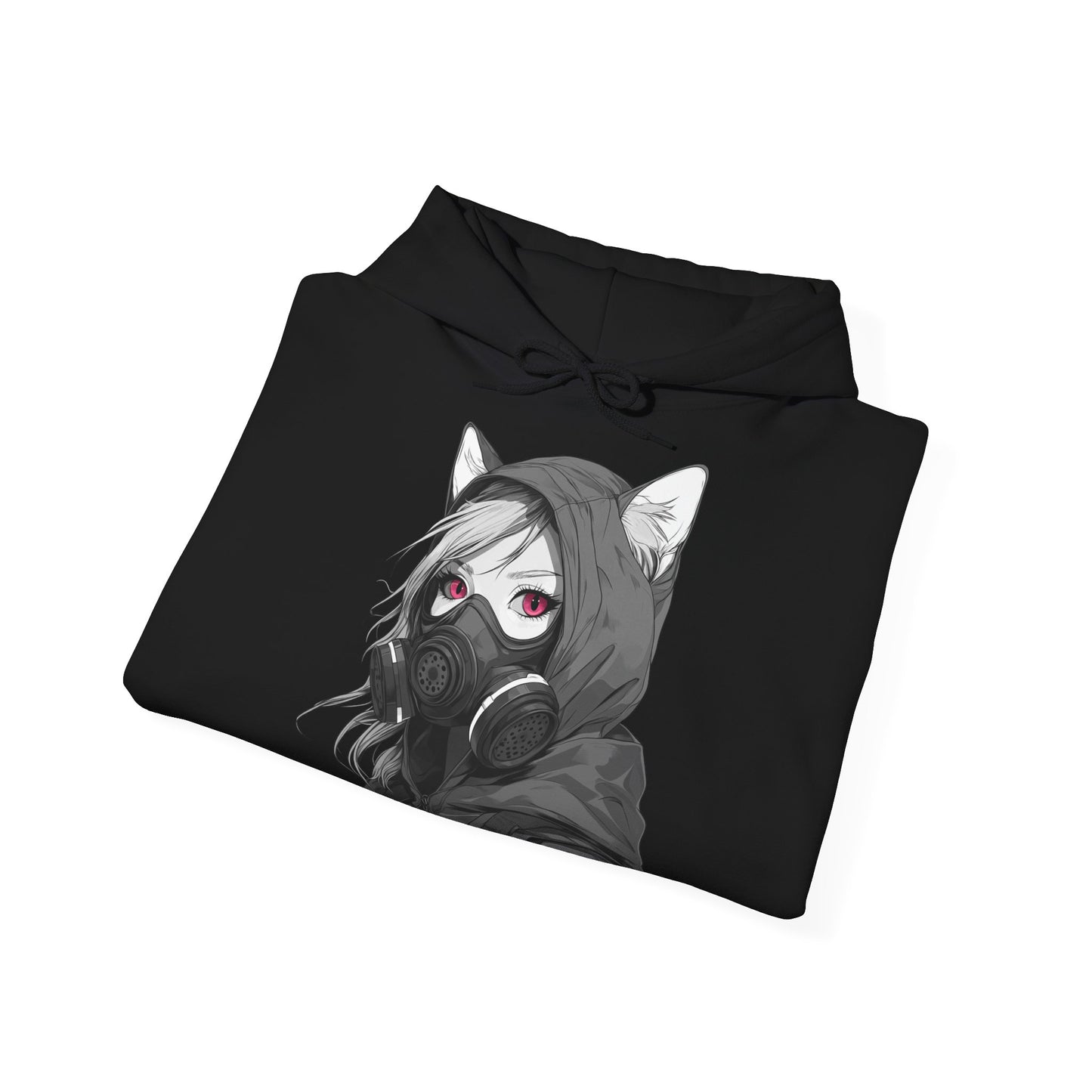 Anime Girl mit Gasmaske T-Shirt / Mask, Schwarzes Unisex Hoodie, Katzengirl Design, Geschenk für Anime- und Sci-Fi-Fans Unisex Heavy Blend™