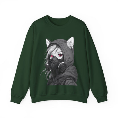 Future Anime Girl mit Gasmaske Sweatshirt /Schwarzes Unisex Streetwear Shirt, Katzengirl Design, Geschenk für Anime- und Sci-Fi-Fans