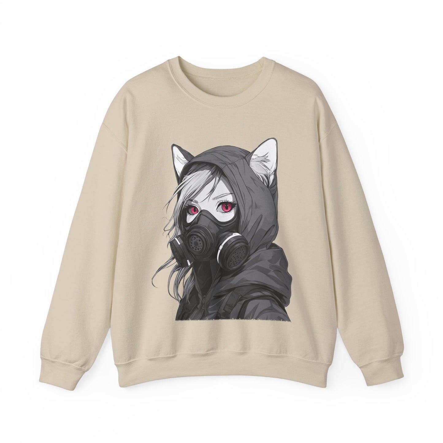 Future Anime Girl mit Gasmaske Sweatshirt /Schwarzes Unisex Streetwear Shirt, Katzengirl Design, Geschenk für Anime- und Sci-Fi-Fans