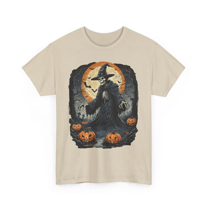 Halloween Pumpkin Skeleton Witch Tee, Spooky Unisex T-Shirt, Fall Season Shirt, Jack-O-Lantern Costume Top, Autumn Witch Theme Apparel