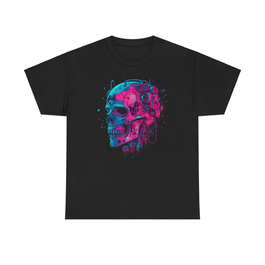 Cyborg Skull Unisex Tee Shirt, Colorful Skull Head Graphic Design, Casual Tee, Cyberpunk Shirt, Skeleton Print Shirt, Geek Gift