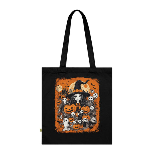 Halloween Organic Cotton Tote Bag, Trick or Treat Witch Girl Pumpkin, Eco-Friendly Market Bag, Handmade Shopping Bag, Sustainable Grocery