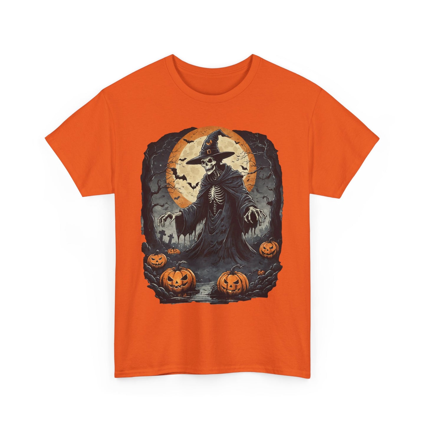 Halloween Pumpkin Skeleton Witch Tee, Spooky Unisex T-Shirt, Fall Season Shirt, Jack-O-Lantern Costume Top, Autumn Witch Theme Apparel