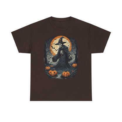 Halloween Pumpkin Skeleton Witch Tee, Spooky Unisex T-Shirt, Fall Season Shirt, Jack-O-Lantern Costume Top, Autumn Witch Theme Apparel