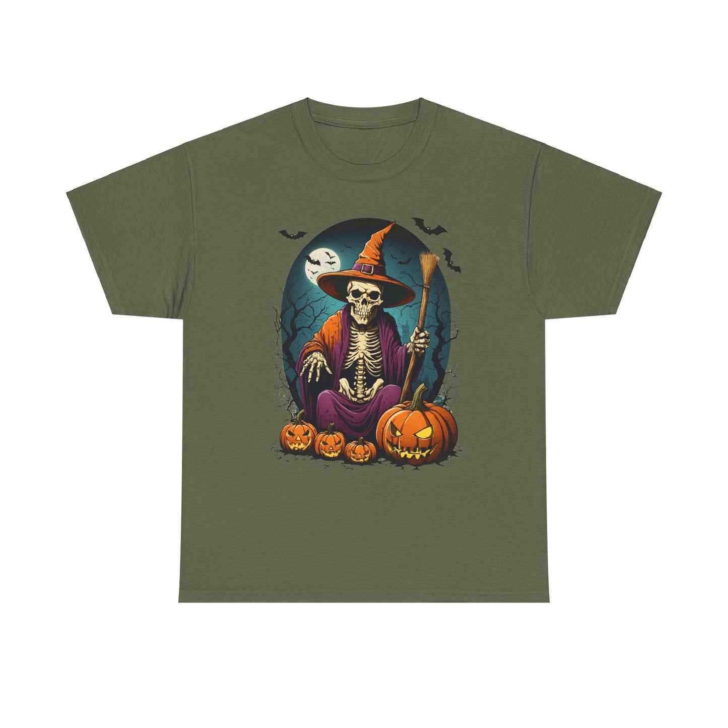 Halloween Pumpkin Skeleton Witch Tee, Spooky Unisex T-Shirt, Fall Season Shirt, Jack-O-Lantern Costume Top, Autumn Witch Theme Apparel