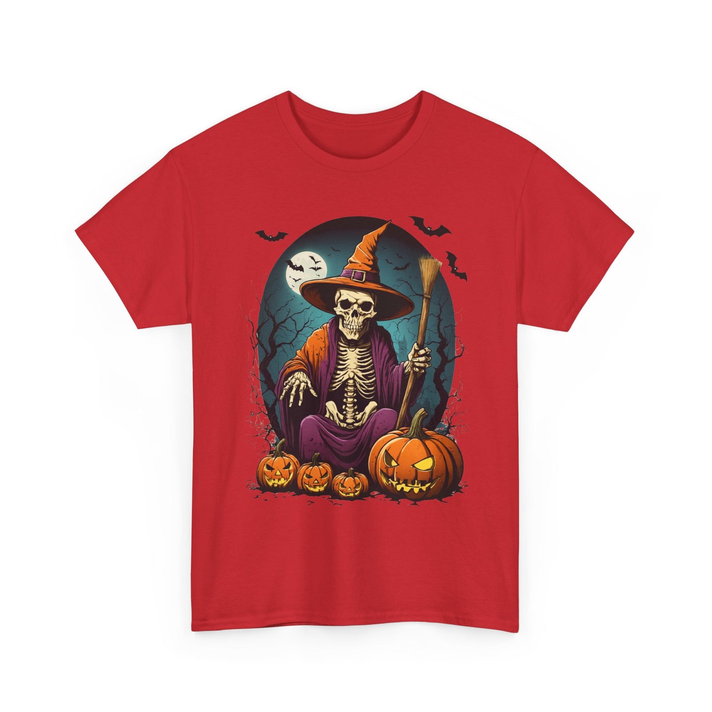 Halloween Pumpkin Skeleton Witch Tee, Spooky Unisex T-Shirt, Fall Season Shirt, Jack-O-Lantern Costume Top, Autumn Witch Theme Apparel